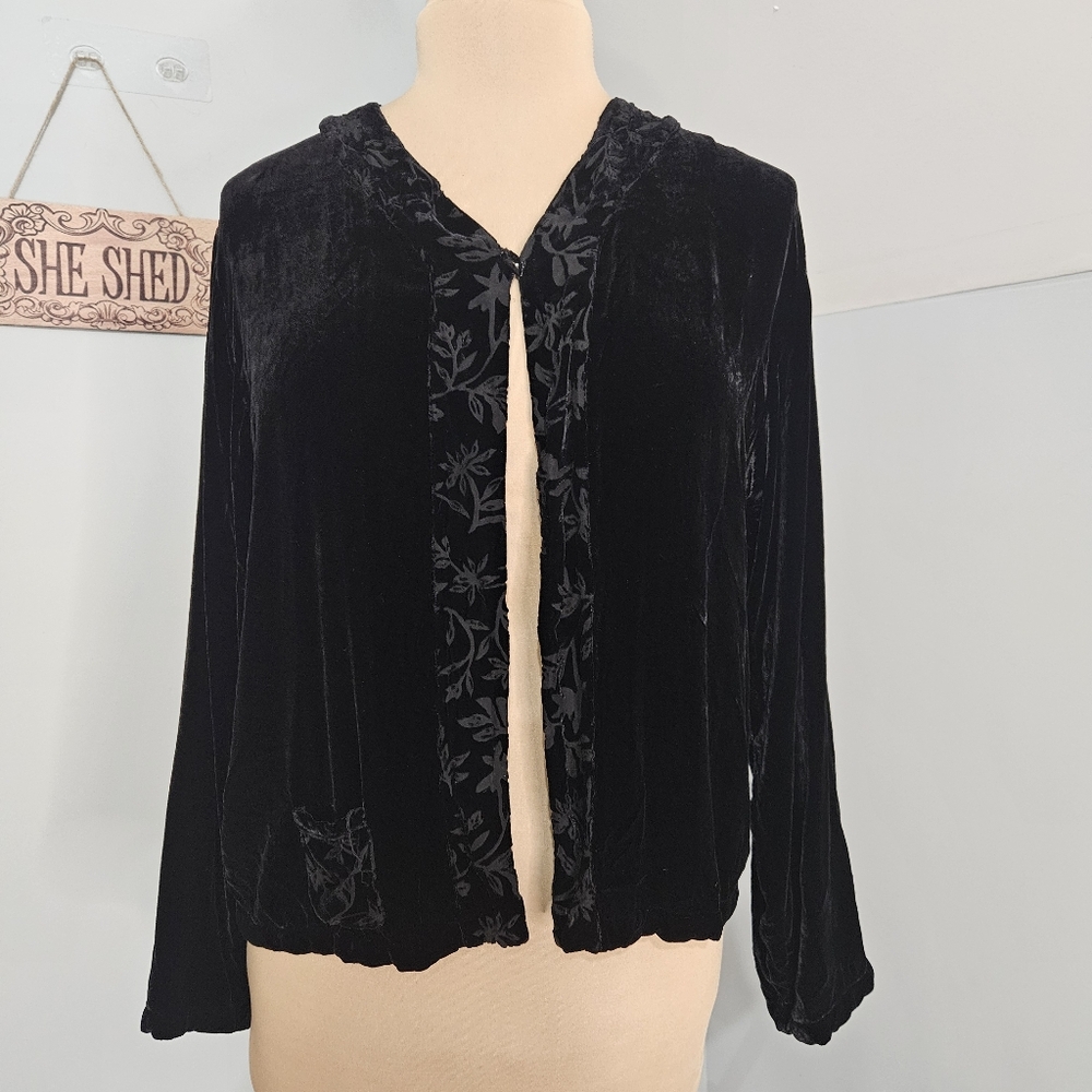Kiko Black Burnout Velvet‎ Tie Front Cardigan Jacket Boho Goth Medium Cardi Vtg